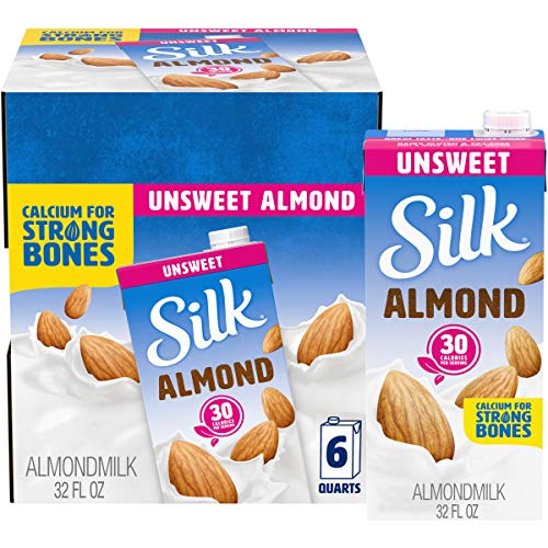 Silk Shelf-Stable milk, Unsweetened, Dairy-Free, Vegan, Non-GMO Project Verified, 1 Quart, Almond, 32 Fl Oz (Pack of 6), 192.0 Fl Oz